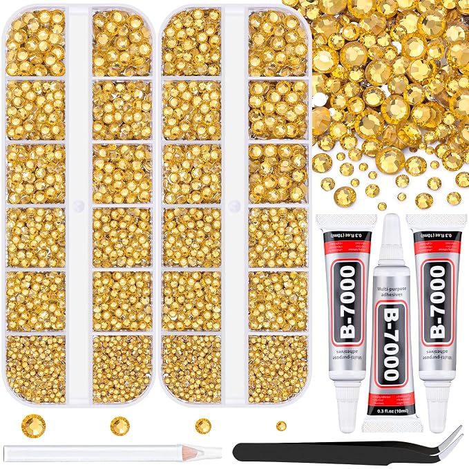12100Pcs Resin Rhinestones for Crafting with 3Pcs 10ml B7000 Jewelry Glue, 2 Boxes Flatback Crystals Diamond (Golden Yellow) for Bedazzling Crafts DIY Nail Art, Gems for Clothing Shoes