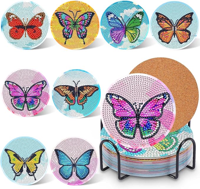 UPINS 8Pcs Butterfly Diamond Art Painting Coasters for Drinks | DIY Life Coaster Diamond Art Kits ,for Adults Kids Beginners Diamond Art Craft Supplies