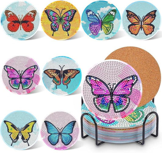UPINS 8Pcs Butterfly Diamond Art Painting Coasters for Drinks | DIY Life Coaster Diamond Art Kits ,for Adults Kids Beginners Diamond Art Craft Supplies