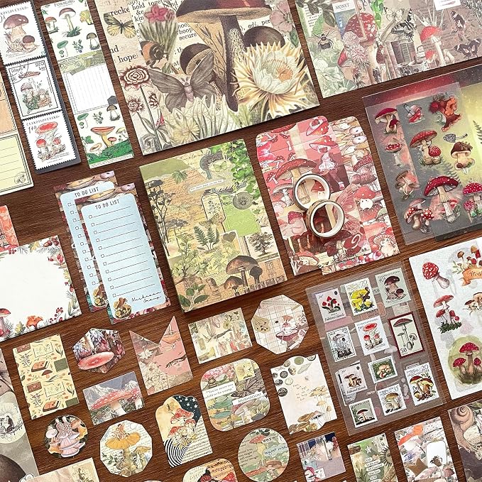 BoomTeck Vintage Scrapbooking Kit – Aesthetic Junk Journal Supplies with Scrapbook Paper, Washi Stickers, A6 Grid Notebook, DIY Craft Journaling Gift Set for Teens & Adults (Mushroom Theme)
