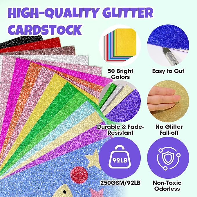 TUXIYA 100 Sheets 5" X 7" Glitter Cardstock,50 Colors 250GSM Card stock