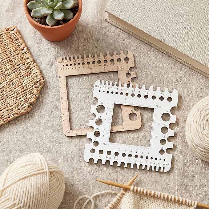 PEOVLVN 2 Pcs Crochet Gauge Measuring Tool, Crochet Stitch Counter Wooden Ruler Knitting Needle Gauge with Multi-Size Holes for Crafts Knitting & Crochet Supplies Accessories (Square)