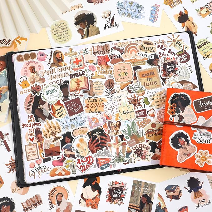 260+ Christian Stickers for Black Girls, Waterproof Vinyl Religious Bible Verse Sticker Book for Water Bottle Laptop Scrapbook Journaling Planner, Bible Study Prayer Vision Board Supplies for Women