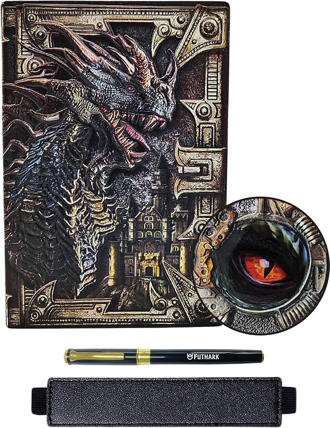 Futhark DND Notebook/Journal - 200 Pages with 3D Colored Dragon Embossed Faux Leather Cover with Pen and Pen Holder - Ideal for Dungeons & Dragons/D&D. Great RPG Accessories Gift for DM & Players
