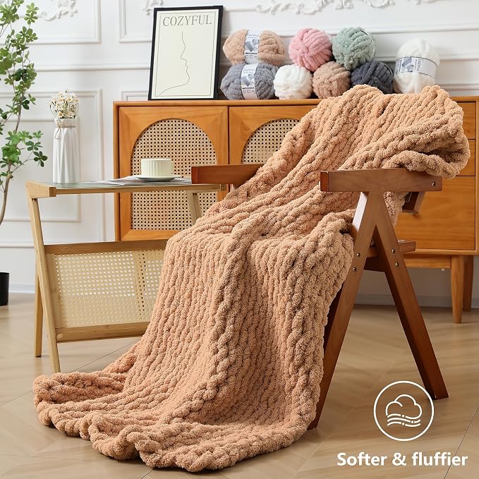 Cozyful Chunky Yarn for Hand Knitting - #10 Chunky Chenille Yarn, Jumbo Big Thick Chunky Yarns for Crocheting, Super Bulky Chunky Knit Blanket Yarns, 8 Skein (22 yds 8 oz Each Skein), Light Coffee