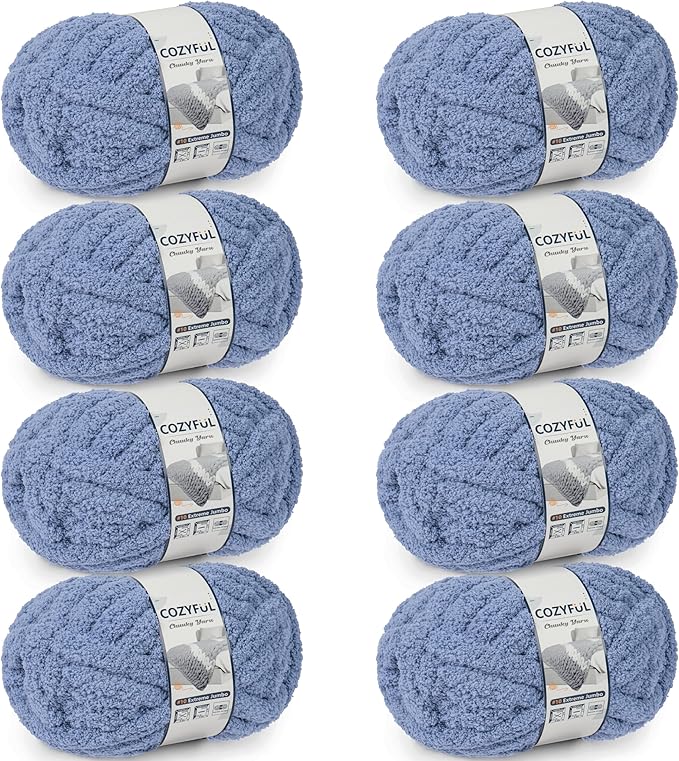 Cozyful Chunky Yarn for Hand Knitting - #10 Chunky Chenille Yarn, Jumbo Big Thick Chunky Yarns for Crocheting, Super Bulky Chunky Knit Blanket Yarns, 8 Skein (22 yds 8 oz Each Skein), Blue Gray