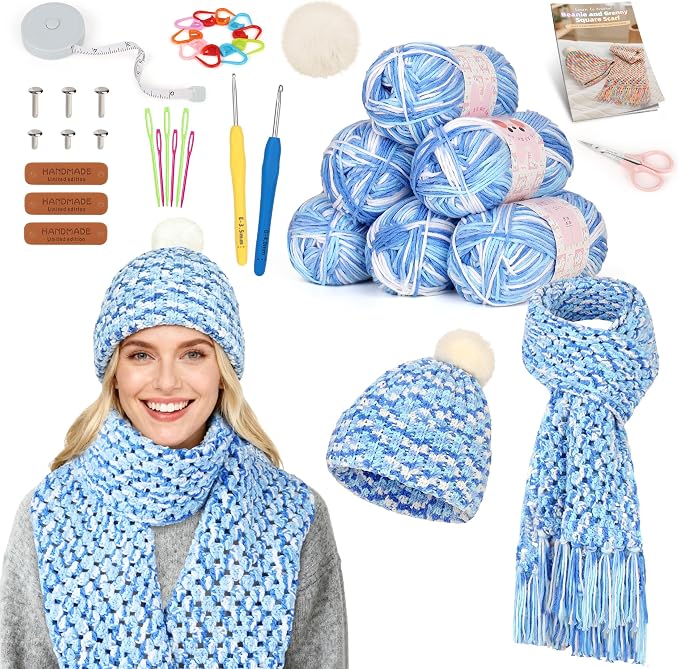 Katech Crochet Kit for Beginners w/Step-by-Step Instruction for Hat, Scarf