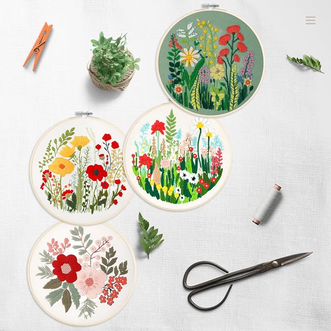 Bonroy Embroidery Kit for Beginners with Instructions,Cross Stitch Kits for Adults with Pattern,Needlepoint Kits for Adult Include Embroidery Cloth Hoops Needles Threads (flowers5)