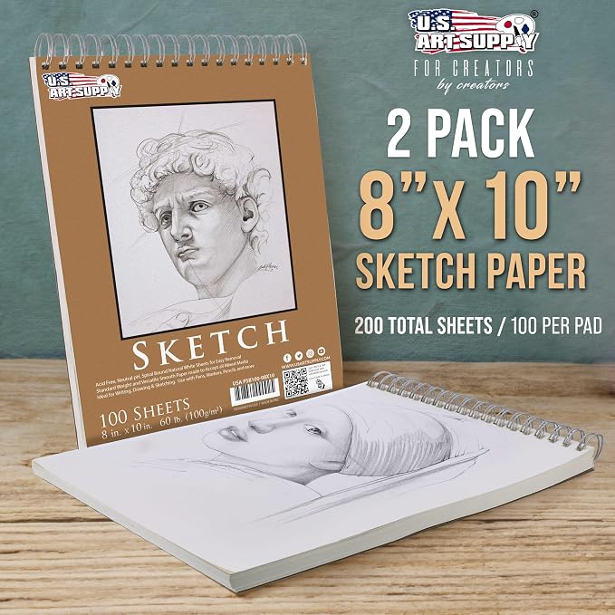 U.S. Art Supply 8"x10" Top Spiral Bound Sketch Book, 100 Sheets Each 2-Pack | 60lb (100gsm), Acid-Free, Artist Sketchbook, Drawing for Adults & Students