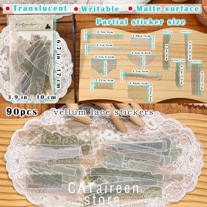 CATaireen Vintage Junk Journal Ephemera Scrapbooking Supplies Translucent Vellum Paper Stickers Card Making Decal Art Aesthetic for Adults (Ephemera Lace -2)