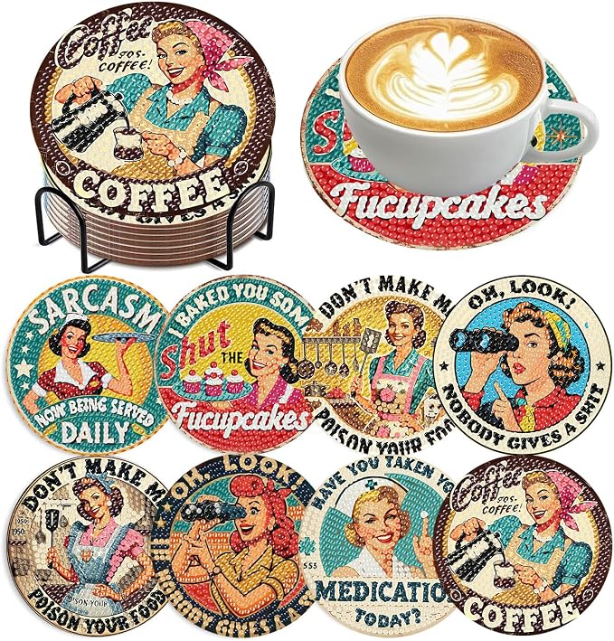 Funny Diamond Art Coasters Kit for Adults, Diamond Painting Coasters 8 Pcs | Diamond Art Coasters Kit for Adults with Holder, Anti-Slip Coasters, 5D Gem Art, DIY Crafts Diamond Dots for Gift or Life