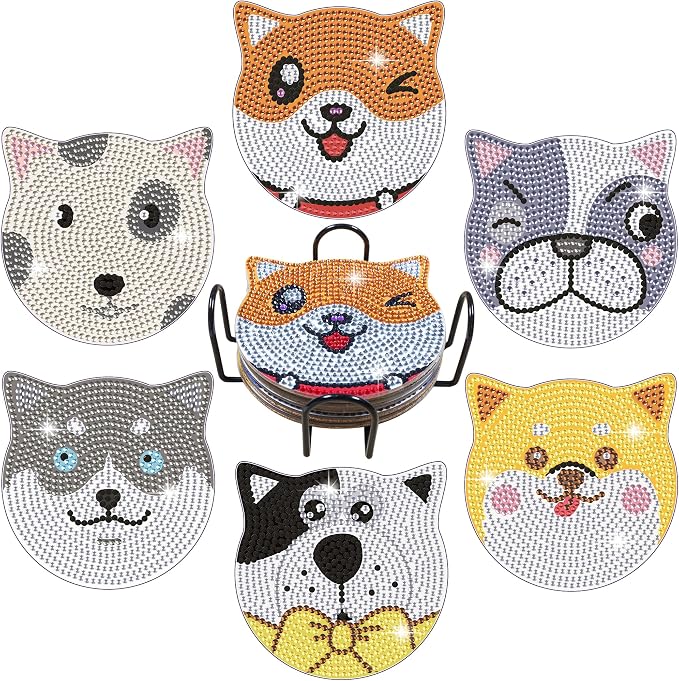 Vcekract 6 Pcs Dog Diamond Art Coasters Kit for Adults | Diamond Painting Coasters with Holder & Protective Backing, Diamond Art Adult Crafts for Table Home Decoration