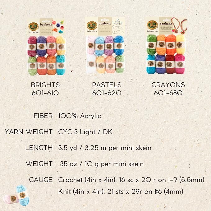 Lion Brand Yarn Lion Brand Bonbons 680 Crayons | Small, Colorful, Lightweight Yarn Skein Pack for Colorwork, Embroidery, Friendship Bracelets, DIY Projects