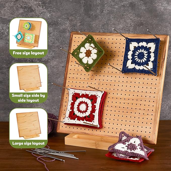 11.8" Crochet Blocking Board & 20 Pins Pegs,Granny Square Blocking Board | For Crochet Projects, Bamboo Blocking Boards for Crocheting and Knitting, Wooden Gifts for Crocheter