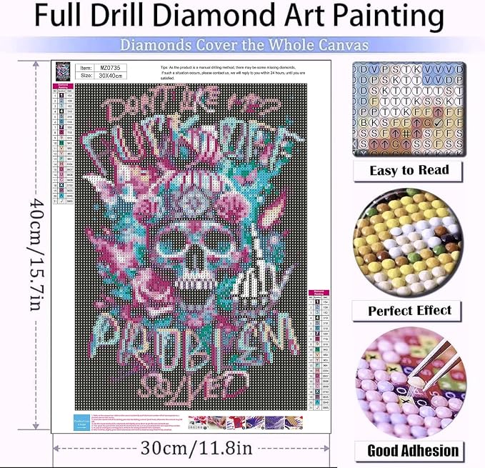 mrpwnle Diamond Art Kits for Adults, Skull Diamond Painting Kits 12 x16Inch | Don't Like Me Skull Diamond Art Painting Kits for Adults Beginners, 5D DIY Full Drill Round Gem Art Crafts Kit for Home Decor