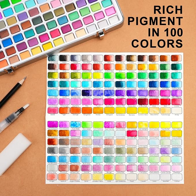 168 Colors Watercolor Paint Set - Vibrant Pigments in Portable Metal Case with 3 Brushes, Non-Toxic Travel-Friendly Painting Kit for Professional Artists/Students/Beginners