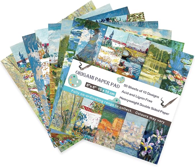 Origami Paper Kit 50 Sheets 6 Inch Square Double Sided Color 10 Vivid Colors for Hand Crafts Origami Paper Arts Creativity.Monet | 70GSM Colorful Paper,20 Different Pattern Origami Kit,DIY Hand Crafts,Arts Creativity,Easy to Fold,No-Fading.Monet