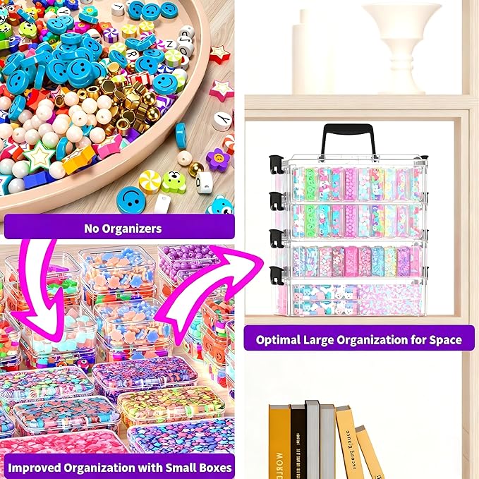 Stackable Bead Storage Organizer, 88 Small Plastic Containers with Lids, 4-Layer Clear Bead Organizer Box, 3 Sizes, Portable, for Jewelry and Crafts