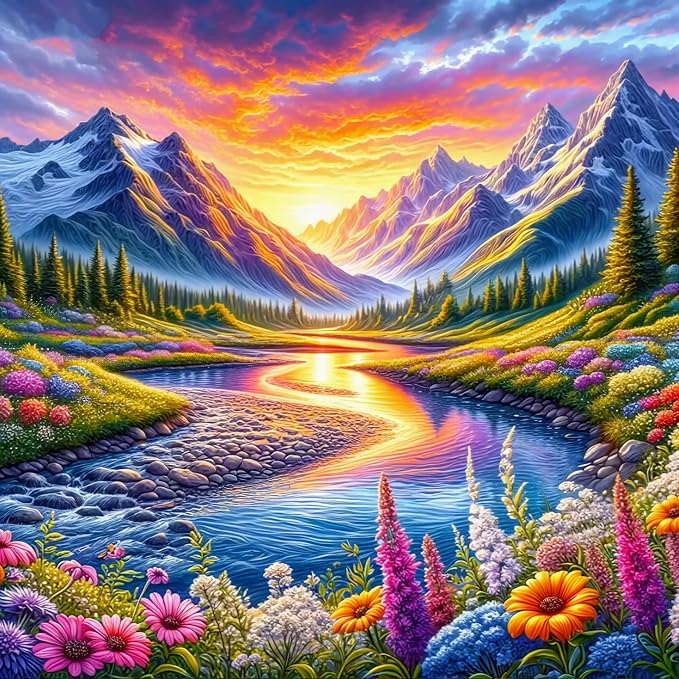 Paint by Numbers Kit for Adults, Mountain River & Wildflower, 16x16 Inch
