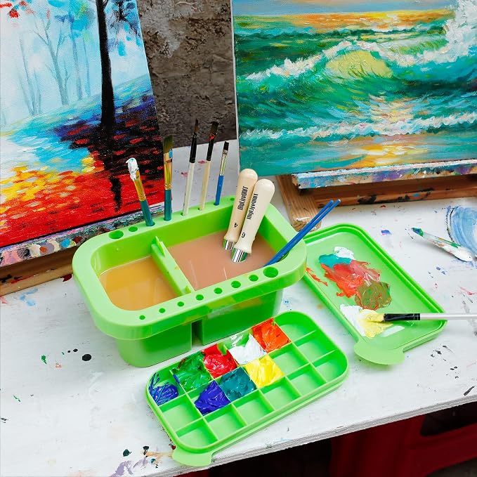 MyLifeUNIT Paint Brush Cleaner, Paint Brush Holder and Organizers with Palette for Acrylic, Watercolor, and Water-Based Paints (Lawn Green) | 18 mixing wells, 16 slots fitting 0.24-0.63 in diameters, 3 washing compartments, removable tray lid