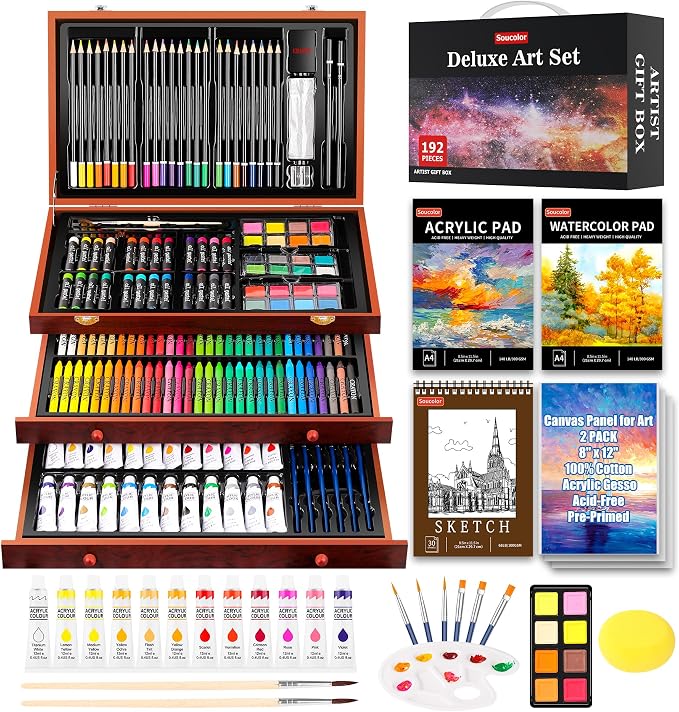 Soucolor Art Supplies,192 Pack Deluxe Art Set Drawing Painting Supplies Kit | Acrylic Pad, Watercolor Pad, Sketch Book, Canvases, Acrylic Paint, Crayons, Pencils, Gifts for Artist Adults Teen Kids