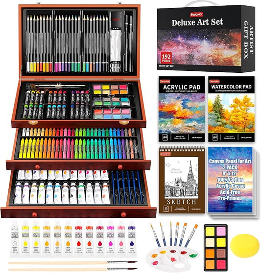 Soucolor Art Supplies,192 Pack Deluxe Art Set Drawing Painting Supplies Kit | Acrylic Pad, Watercolor Pad, Sketch Book, Canvases, Acrylic Paint, Crayons, Pencils, Gifts for Artist Adults Teen Kids
