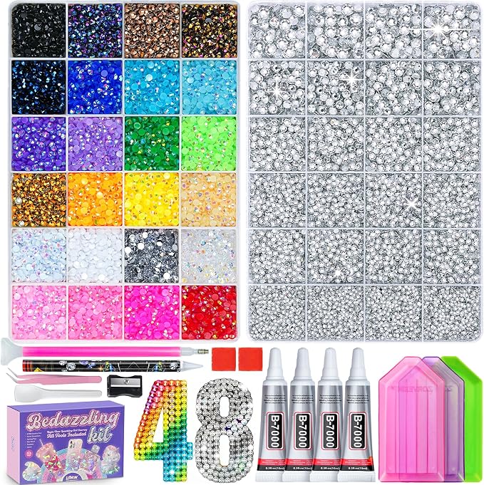 2 Boxes 70000PCS Rhinestones Kit, Rhinestones 3mm 24 Color & Silver 2/3/4/5/6mm Resin Flatback Gems for Diamond Art, Bedazzler Kit with 4Pcs B7000 Jewelry Glue for DIY Crafting Crafts Decor