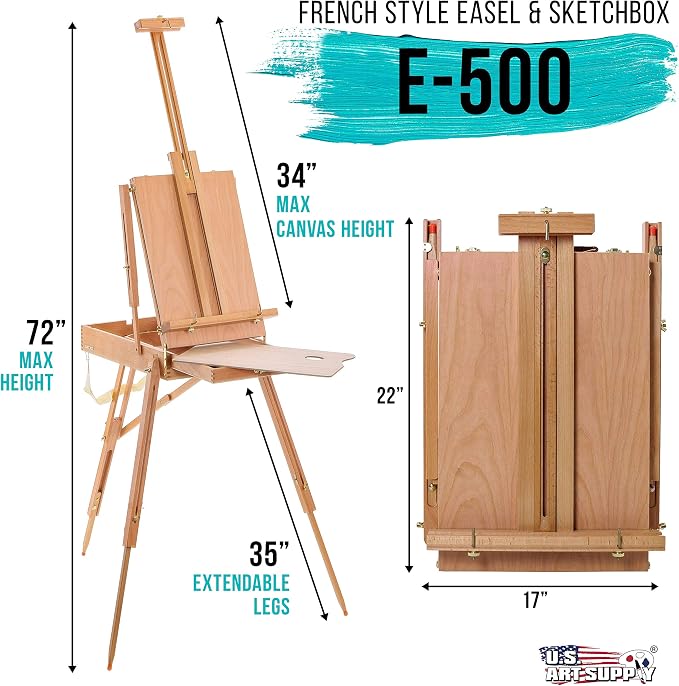 U.S. Art Supply Large Beechwood French Easel, Adjustable Plein Air Easels | Sketchbox Tripod for Field & Studio Painting Easel for Adults, Drawing, Display - Portable with Artist Drawer & Palette