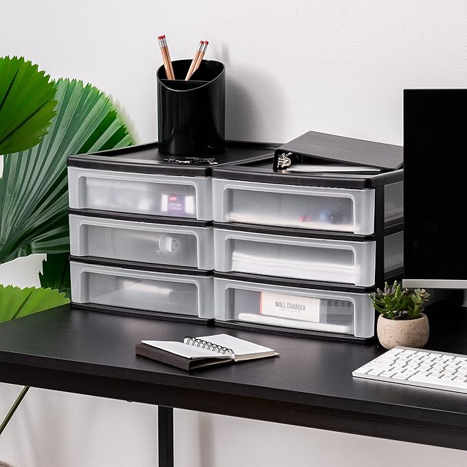 IRIS USA 2-Pack, 3-Drawer Medium Plastic Stacking Desktop Organizer, Black