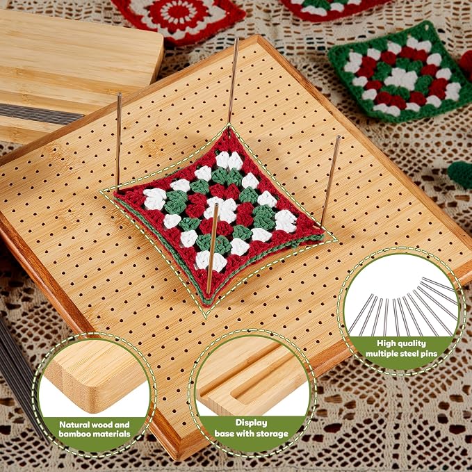 11.8" Crochet Blocking Board & 20 Pins Pegs,Granny Square Blocking Board | For Crochet Projects, Bamboo Blocking Boards for Crocheting and Knitting, Wooden Gifts for Crocheter