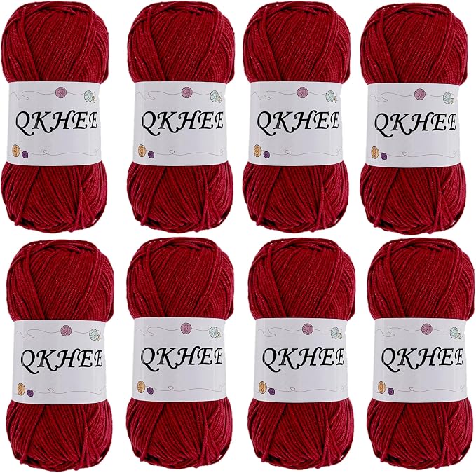 QKHEEYarn for Crocheting and Knitting 8 * 1.76 Oz (50G) /195yd, Fine/Fingering Weight (1), 60% Cotton 40% Acrylic Soft Yarn kit for Making Granny Squares and amigurumi (Cherry Red)