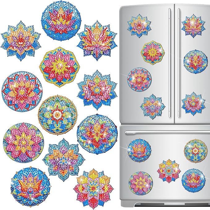 Zonon 12 Pcs Diamond Art Magnets Lotus Mandala Painting Kit Fridge Decor | DIY Diamond Painting Magnetic Stickers, Arts Crafts Kit for Adults, Refrigerator Home Decoration, Colorful Mandala