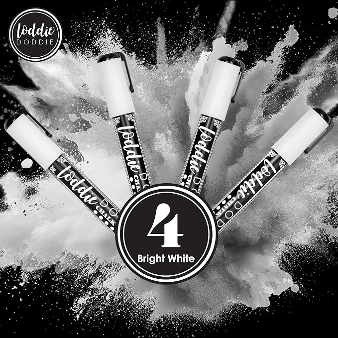 Loddie Doddie Liquid Chalk Markers, Chalk Markers for Glass, White, 4 Pack | Chalk Markers for Blackboard, Glass, Mirror, Window & Car Window Use, Reversible Bullet & Chisel Tip, Non Toxic, Odor Free