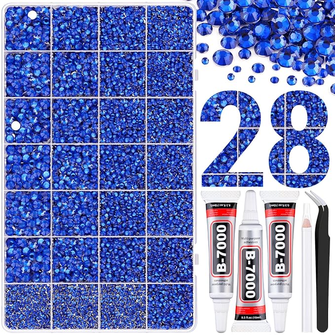 30000Pcs Resin Rhinestones for Bedazzling with Tweezers, Royal Blue Rhinestones for Crafting with 3Pcs 10ml B7000 Jewelry Glue for DIY Crafts Clothing Tumblers Shoes Fabric Nail Art