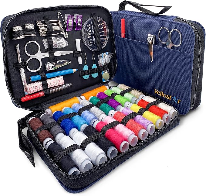 Vellostar Sewing Kit for Men & Adults - 100-Piece Navy Blue Beginner Set | 100-piece navy blue sewing kit with 36 needles, thread, scissors, and a durable travel case