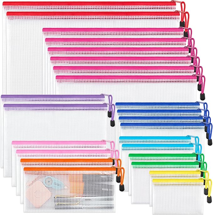 JARLINK 24 Pcs Mesh Zipper Pouch Bags, 8 Sizes Waterproof Zipper Bags