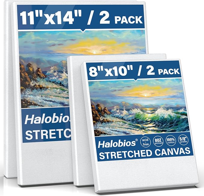 Halobios 4 Packs Blank Canvases for Painting with 8x10in,11x14in(2 of Each), Stretched Canvases for Acrylics, Oils & Other Painting Media, 100% Cotton, 5/8 Inch Profile of Super Value Canvas Pack