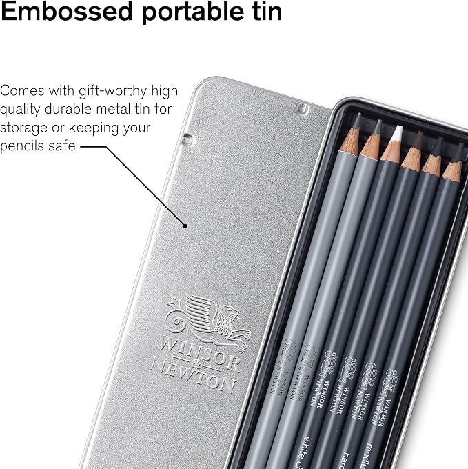 Winsor & Newton Studio Collection, Sketching Pencils, Set of 6 | Soft, Thick Core pencils, Varied Hardness, Soft Smooth Texture, Easy Blending, Stylish Metal Tin Included, High Quality Lead