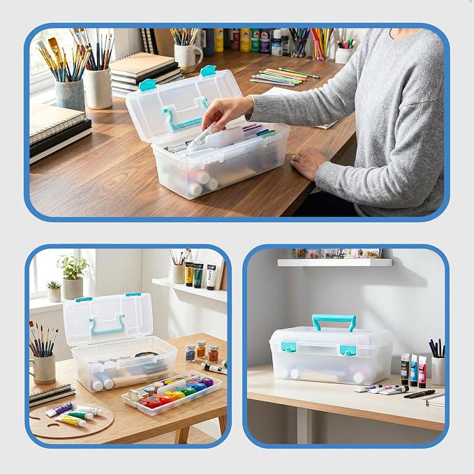 ArtBin 6937AG Essentials Lift-Out Tray Box, Portable Art & Craft Organizer with Handle and Tray, Clear/Aqua