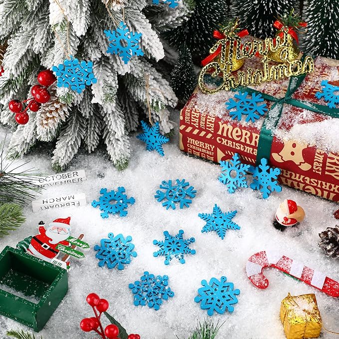 Blulu 100 Pcs Christmas Wooden Snowflakes Crafts, Blue, 2 in