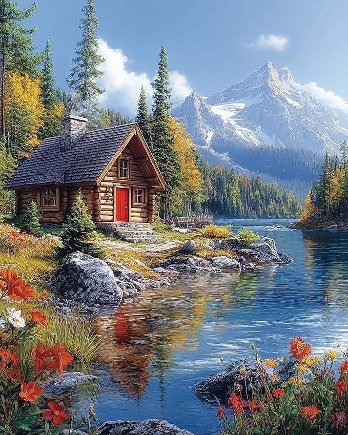 Paint by Numbers Kit for Adults, Landscape Mountain Paint by Numbers Kits | Lakeside Cabin Adult Paint by Number Kits on Canvas,DIY Acrylic Oil Easy Mountain Painting by Numbers for Home Decor 16X20 in