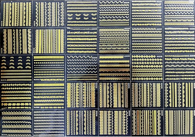 30 Sheets Gold Line Nail Art Stickers Gold Lace Nail Stickers 3D Self-Adhesive Gold Nail Decals Acrylic Nails DIY Design Nail Supplies for Women