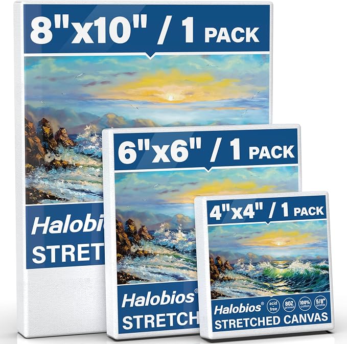 Halobios Stretched Canvases for Painting with 4x4 Inch, 6x6 Inch, 8x10 Inch, 3 Packs Pinting Blank Canvases for Acrylics,Oils & Other Painting Media, 5/8 Inch Profile 100% Cotton Artist Framed Canvas