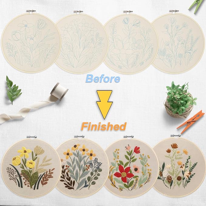 Bonroy 4 Sets Embroidery Set for Beginners, Art Craft, Easy Sewing, Includes Embroidery Clothing, Pattern, Embroidery Hoop, Instruction Manual, Colorful Thread Stitch Set (11)