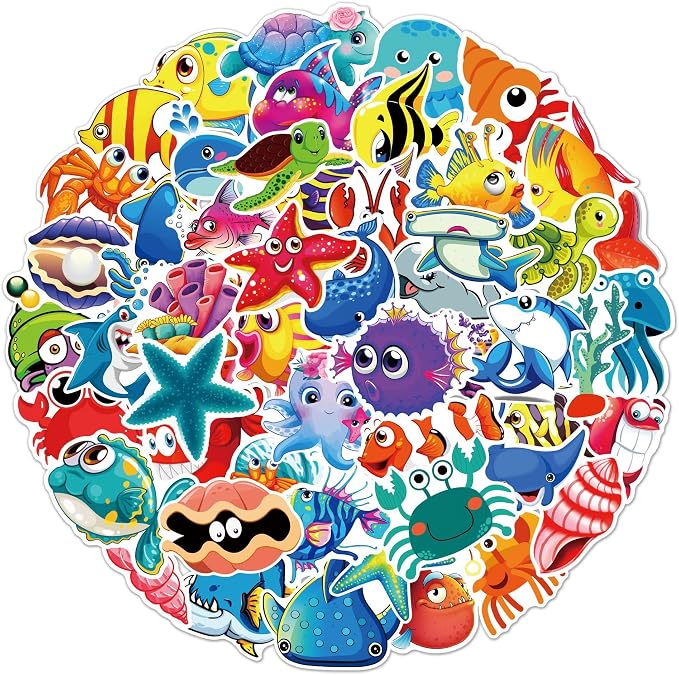 60Pcs Cute Sea Animal Stickers, Waterproof Vinyl Kawaii Ocean Creature Stickers for Water Bottles, Laptop, Phone Case, Scrapbook, No Residue Sea Life Decals for Teens, Adults(Cartoon Sea Creature)