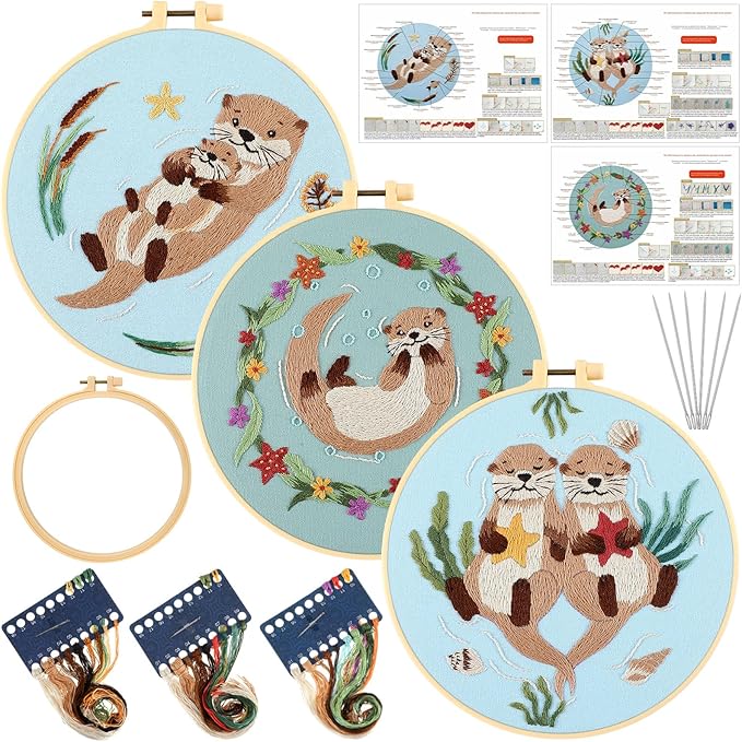 Mindsoft 3 Set Needlepoint Kit for Beginners with Hoop,Otter | Bamboo Hoop Thread Needles Instructions, Easy Hand Embroidery for Beginners Home Crafts,Pre-stamped Funny Cute Designs