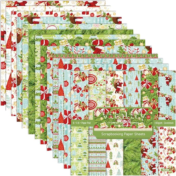 Christmas Pattern Scrapbook Paper, 6 Inch Card Production Supplies, 24 Sheets Single Sided Acid-Free Cardstock Greeting Card, Handmade Gift Journaling Craft Kits (J-style)
