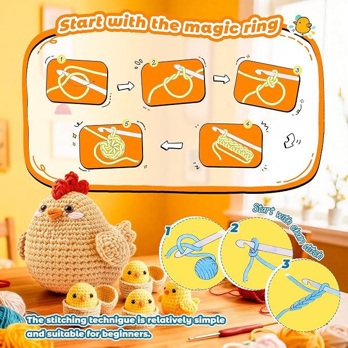 Joyclub Crochet Kit for Beginners 4 Chicken Family with Video for Adults | Amigurumi crochet with video guidance support first projects crochet Starter; a playful DIY gift for adult kitting learners