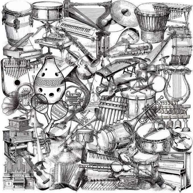 50PCS Black White Musical Instrument Stickers for Scrapbooking Journaling Junk Journal Scrapbook Supplies - Self-Adhesive Scrapbooking Stickers Supplies Journal Stuffers for Kids Card Making Letters