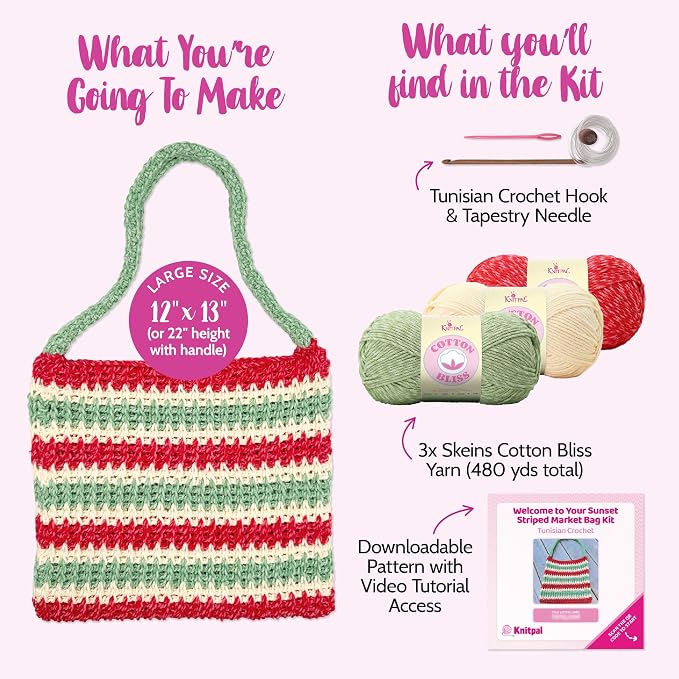 KnitPal Sunset Striped Market Bag Tunisian Crochet Bag Kit for Beginners